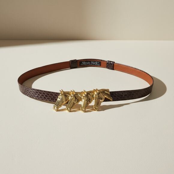 Vtg Alexis Kirk Belt Four Horse Head Gold Tone Buckle Brown Snake Leather 1980s main image 15